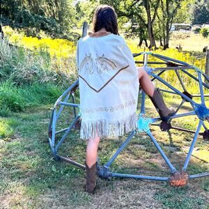 Western Poncho Gomez Womens Tan Suede Hand Painted Mexican Sz M/L Vintage 1970s